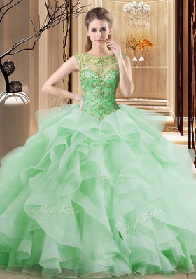 Scoop Sleeveless Tulle Quinceanera Gowns Beading and Ruffles Brush Train Lace Up
