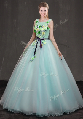 Stunning Floor Length Apple Green Ball Gown Prom Dress Scoop Sleeveless Lace Up