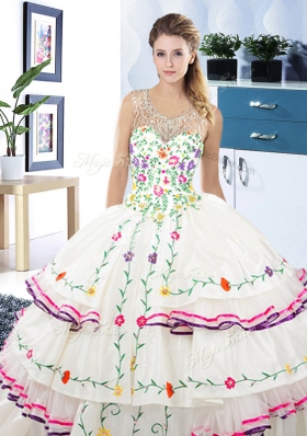Stylish Scoop Sleeveless Quinceanera Dresses Floor Length Beading and Embroidery and Ruffled Layers White Organza and Taffeta