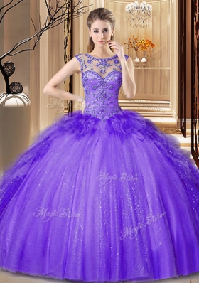 Traditional Purple Scoop Neckline Sequins Quinceanera Gown Sleeveless Lace Up