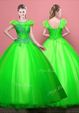 Vintage Ball Gowns Tulle Scoop Short Sleeves Appliques Floor Length Lace Up Quinceanera Dress
