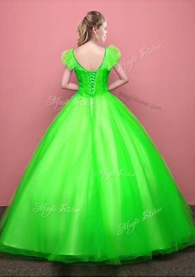 Vintage Ball Gowns Tulle Scoop Short Sleeves Appliques Floor Length Lace Up Quinceanera Dress