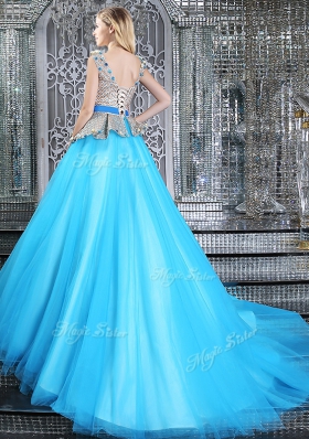 Baby Blue Ball Gowns V-neck Sleeveless Tulle Brush Train Lace Up Appliques and Belt 15 Quinceanera Dress