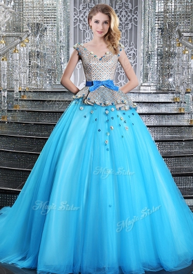 Baby Blue Ball Gowns V-neck Sleeveless Tulle Brush Train Lace Up Appliques and Belt 15 Quinceanera Dress