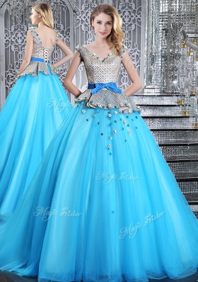 Baby Blue Ball Gowns V-neck Sleeveless Tulle Brush Train Lace Up Appliques and Belt 15 Quinceanera Dress