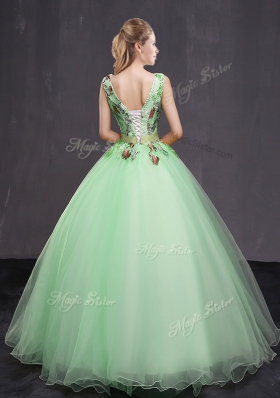 Beauteous Apple Green Ball Gown Prom Dress Military Ball and Sweet 16 and Quinceanera and For with Appliques and Belt V-neck Sleeveless Lace Up