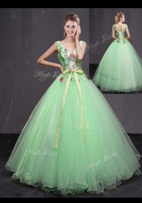 Beauteous Apple Green Ball Gown Prom Dress Military Ball and Sweet 16 and Quinceanera and For with Appliques and Belt V-neck Sleeveless Lace Up
