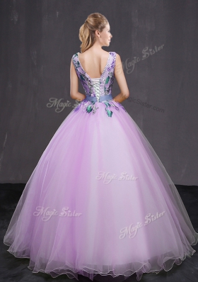 Beautiful Lilac Ball Gowns Tulle V-neck Sleeveless Appliques and Belt Floor Length Lace Up 15 Quinceanera Dress