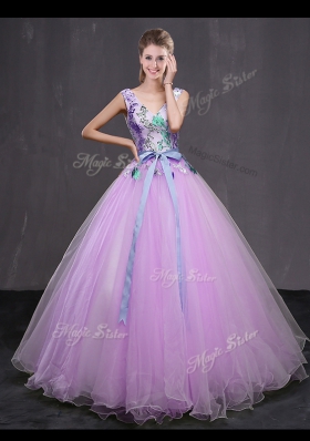 Beautiful Lilac Ball Gowns Tulle V-neck Sleeveless Appliques and Belt Floor Length Lace Up 15 Quinceanera Dress