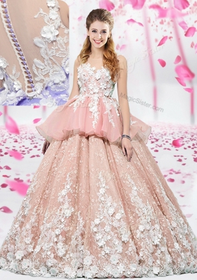Charming Scoop Sleeveless Organza and Tulle Floor Length Lace Up 15th Birthday Dress in Pink for with Lace and Appliques