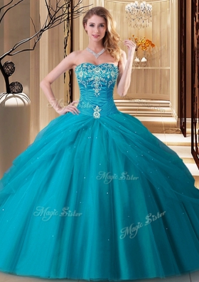 Chic Sweetheart Sleeveless Quinceanera Dresses Floor Length Embroidery Teal Tulle