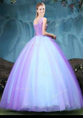 Custom Designed V-neck Sleeveless Tulle Ball Gown Prom Dress Appliques Lace Up