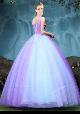 Custom Designed V-neck Sleeveless Tulle Ball Gown Prom Dress Appliques Lace Up