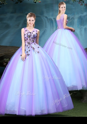 Custom Designed V-neck Sleeveless Tulle Ball Gown Prom Dress Appliques Lace Up