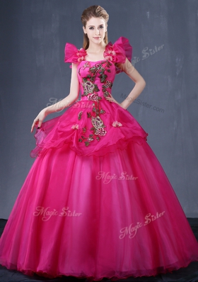 Delicate Tulle Straps Sleeveless Lace Up Appliques Quinceanera Dress in Fuchsia