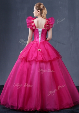 Delicate Tulle Straps Sleeveless Lace Up Appliques Quinceanera Dress in Fuchsia