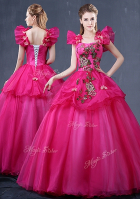 Delicate Tulle Straps Sleeveless Lace Up Appliques Quinceanera Dress in Fuchsia