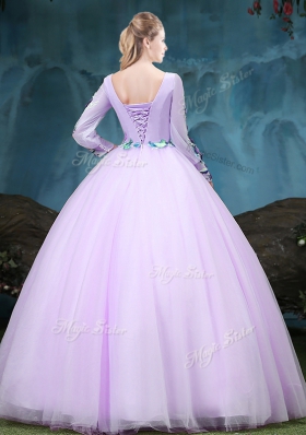 Discount Lilac Ball Gowns Scoop Long Sleeves Tulle Floor Length Lace Up Appliques Quinceanera Dress