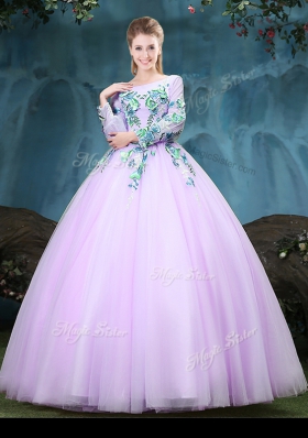 Discount Lilac Ball Gowns Scoop Long Sleeves Tulle Floor Length Lace Up Appliques Quinceanera Dress