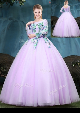 Discount Lilac Ball Gowns Scoop Long Sleeves Tulle Floor Length Lace Up Appliques Quinceanera Dress