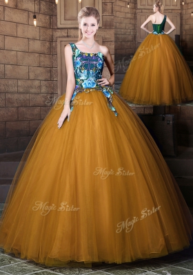 Edgy One Shoulder Floor Length Lace Up Quinceanera Gown Brown and In for Military Ball and Sweet 16 and Quinceanera with Pattern