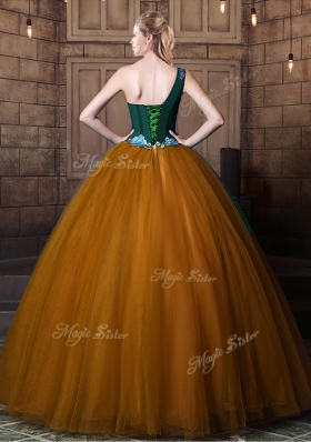 Edgy One Shoulder Floor Length Lace Up Quinceanera Gown Brown and In for Military Ball and Sweet 16 and Quinceanera with Pattern