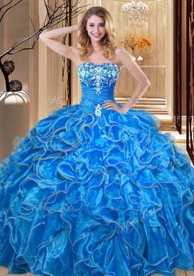 Fabulous Blue Ball Gowns Sweetheart Sleeveless Organza Floor Length Lace Up Embroidery and Ruffles Quinceanera Gown