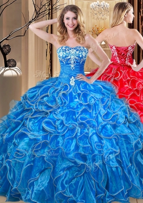 Fabulous Blue Ball Gowns Sweetheart Sleeveless Organza Floor Length Lace Up Embroidery and Ruffles Quinceanera Gown