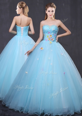 Fabulous Floor Length Lace Up Sweet 16 Quinceanera Dress Light Blue and In for Military Ball and Sweet 16 and Quinceanera with Beading and Appliques