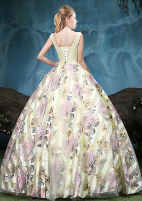 Fancy Straps Straps Floor Length Multi-color Sweet 16 Dress Tulle Sleeveless Appliques and Pattern