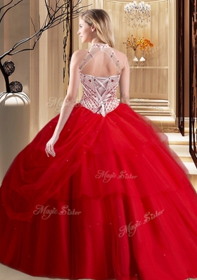 Glittering Tulle Halter Top Sleeveless Brush Train Lace Up Beading and Pick Ups Quinceanera Dresses in Red