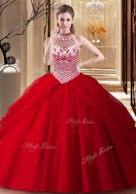 Glittering Tulle Halter Top Sleeveless Brush Train Lace Up Beading and Pick Ups Quinceanera Dresses in Red