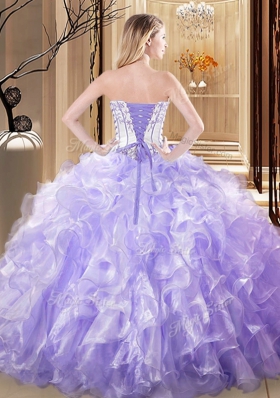 Graceful Light Blue Ball Gowns Strapless Sleeveless Organza Floor Length Lace Up Embroidery and Ruffles Sweet 16 Dress