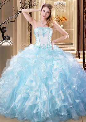 Graceful Light Blue Ball Gowns Strapless Sleeveless Organza Floor Length Lace Up Embroidery and Ruffles Sweet 16 Dress