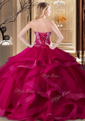 Lace Up Sweetheart Embroidery and Ruffles Sweet 16 Dress Tulle Sleeveless