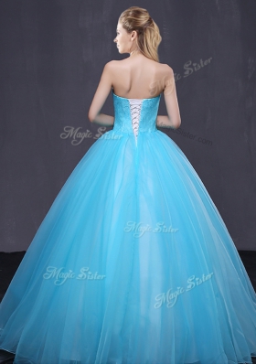 Modest Sleeveless Floor Length Appliques Lace Up Sweet 16 Quinceanera Dress with Baby Blue