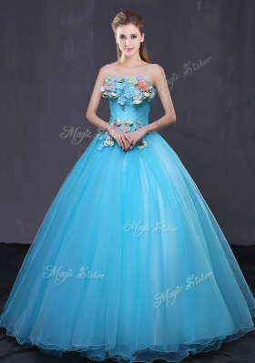 Modest Sleeveless Floor Length Appliques Lace Up Sweet 16 Quinceanera Dress with Baby Blue