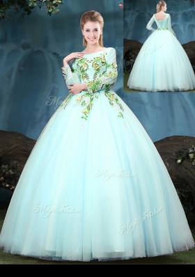 New Style Scoop Aqua Blue Tulle Lace Up Sweet 16 Quinceanera Dress Long Sleeves Floor Length Appliques