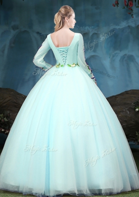 New Style Scoop Aqua Blue Tulle Lace Up Sweet 16 Quinceanera Dress Long Sleeves Floor Length Appliques