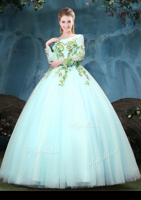 New Style Scoop Aqua Blue Tulle Lace Up Sweet 16 Quinceanera Dress Long Sleeves Floor Length Appliques