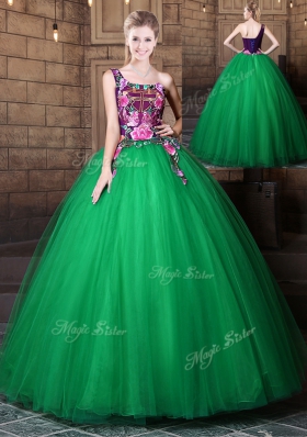 One Shoulder Floor Length Lace Up Quinceanera Gowns Green and In for Military Ball and Sweet 16 and Quinceanera with Pattern