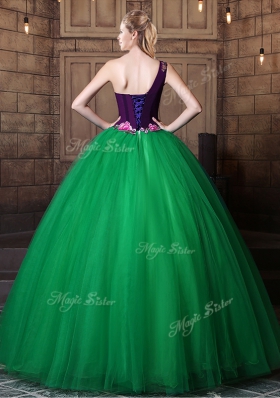 One Shoulder Floor Length Lace Up Quinceanera Gowns Green and In for Military Ball and Sweet 16 and Quinceanera with Pattern