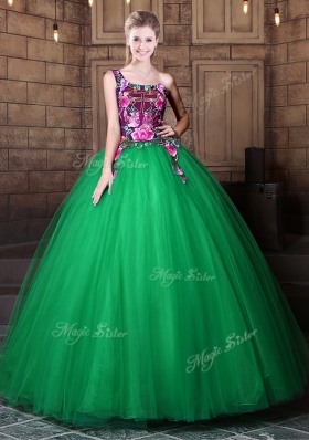 One Shoulder Floor Length Lace Up Quinceanera Gowns Green and In for Military Ball and Sweet 16 and Quinceanera with Pattern