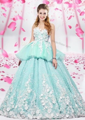 Organza and Tulle Scoop Sleeveless Lace Up Lace and Appliques 15 Quinceanera Dress in Apple Green