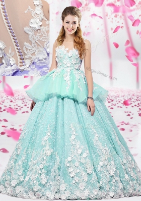 Organza and Tulle Scoop Sleeveless Lace Up Lace and Appliques 15 Quinceanera Dress in Apple Green