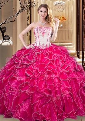 Organza Strapless Sleeveless Lace Up Embroidery and Ruffles Quince Ball Gowns in Coral Red