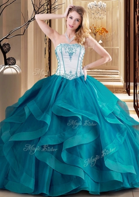 Popular Strapless Sleeveless Tulle Ball Gown Prom Dress Embroidery Lace Up