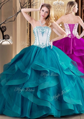 Popular Strapless Sleeveless Tulle Ball Gown Prom Dress Embroidery Lace Up