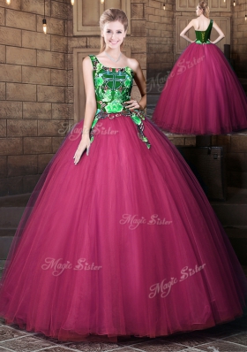 Romantic One Shoulder Sleeveless Floor Length Pattern Lace Up Quinceanera Gowns with Fuchsia