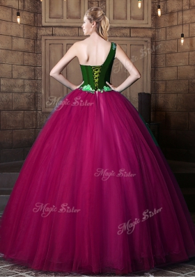 Romantic One Shoulder Sleeveless Floor Length Pattern Lace Up Quinceanera Gowns with Fuchsia